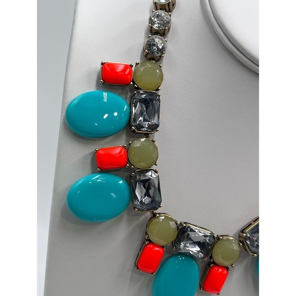 J. Crew‎ Aqua green and Coral orange stones rhinestones Necklace - Picture 2 of 10